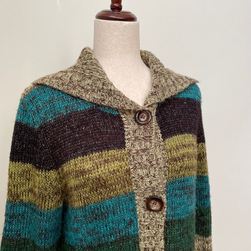 y2k JohnPaulRichard Striped Cardigan Sweater Womens L Green Button-Front Duster - Picture 12 of 16